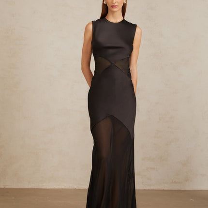 Siiri Black Tulle Panel Satin Maxi Gown in Black color
