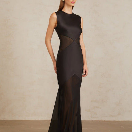 Siiri Black Tulle Panel Satin Maxi Gown in Black color