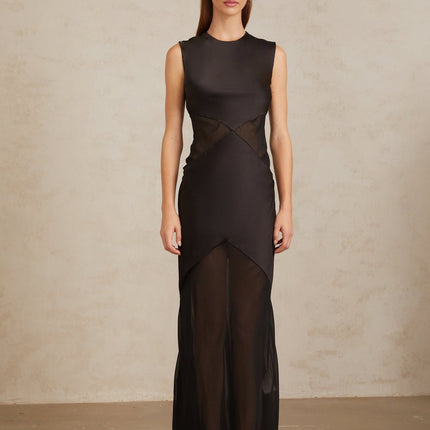 Siiri Black Tulle Panel Satin Maxi Gown in Black color