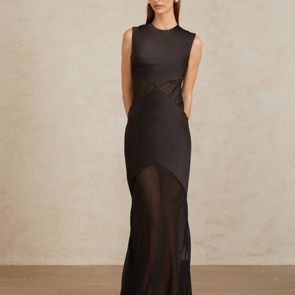 Siiri Black Tulle Panel Satin Maxi Gown in Black color
