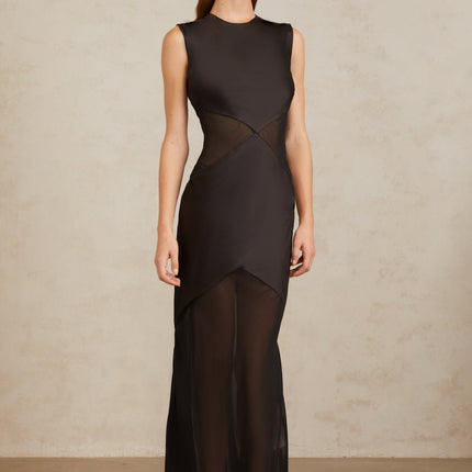 Siiri Black Tulle Panel Satin Maxi Gown in Black color