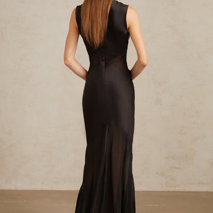 Siiri Black Tulle Panel Satin Maxi Gown elegant black gown with tulle panelling and cinched waist in luxurious Terylene fiber and Spandex rear zip fastening for evening ensemble refined luxury