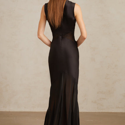 Siiri Black Tulle Panel Satin Maxi Gown in Black color