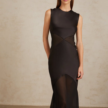 Siiri Black Tulle Panel Satin Maxi Gown in Black
