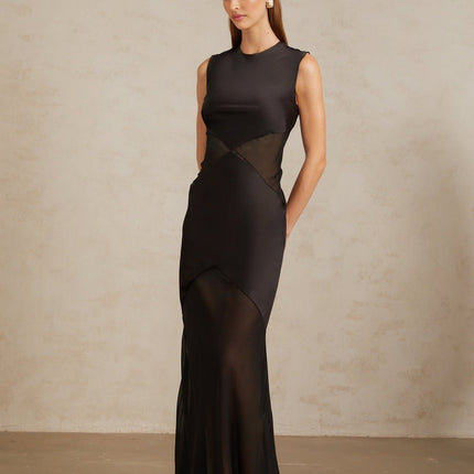 Siiri Black Tulle Panel Satin Maxi Gown in Black color