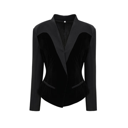 Silvana Black Velvet Jacket with V-Neck Design and Waist Tightened Detailing