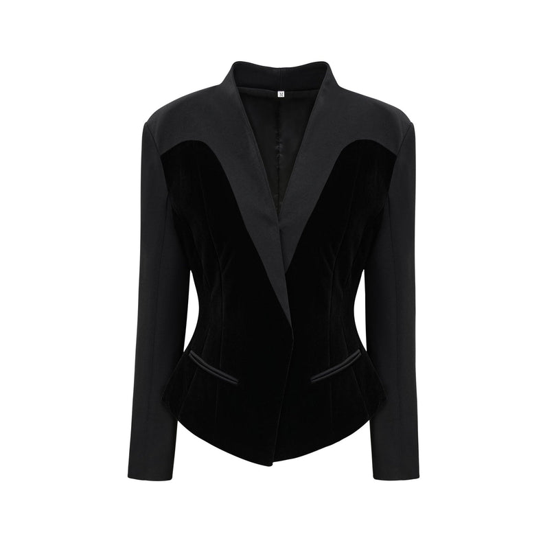 Silvana Black Velvet Jacket with V-Neck Design and Waist Tightened Detailing