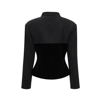 Silvana Black Velvet Jacket V-Neck Waist Tightened Long Sleeve Buttoned Cuffs Front Welt Pockets Front Fastening Luxury Style