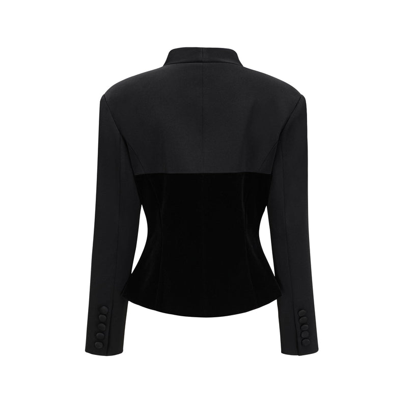 Silvana Black Velvet Jacket V-Neck Waist Tightened Long Sleeve Buttoned Cuffs Front Welt Pockets Front Fastening Luxury Style