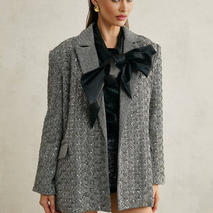 Silvana Grey Herringbone Wool Crystal Embellished Blazer