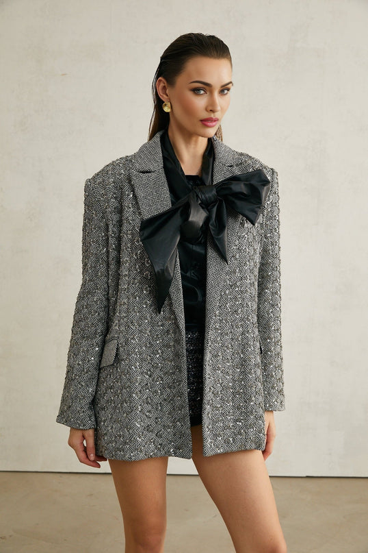 Silvana Grey Herringbone Wool Crystal Embellished Blazer