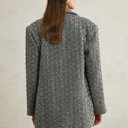 Silvana Grey Herringbone Wool Blazer with Crystal Embellishments