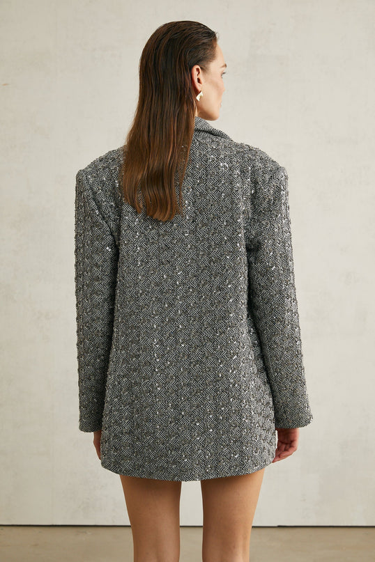 Silvana Grey Herringbone Wool Blazer with Crystal Embellishments