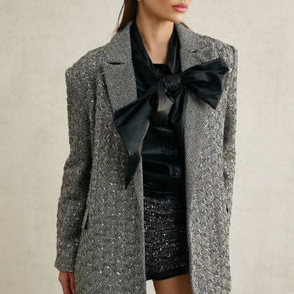 Silvana Grey Herringbone Wool Blazer with Crystal Embellishments