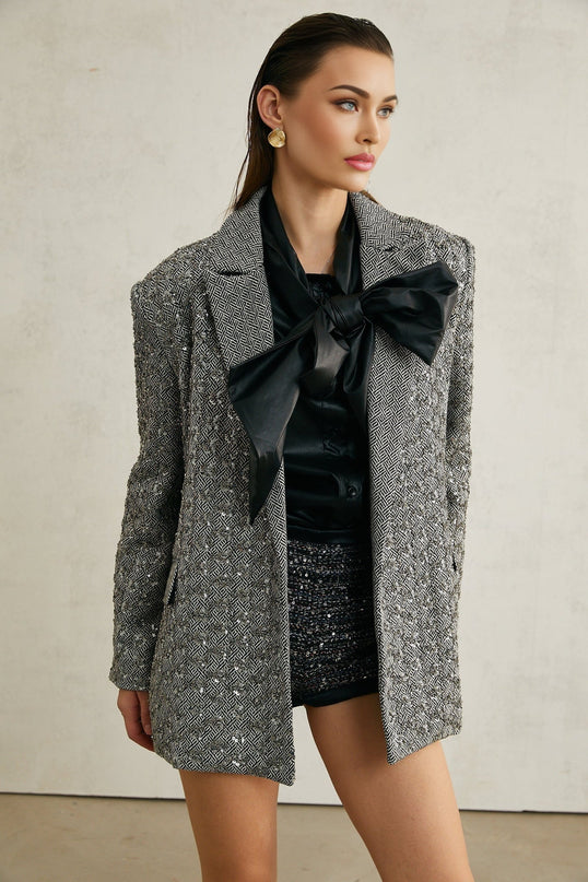 Silvana Grey Herringbone Wool Blazer with Crystal Embellishments