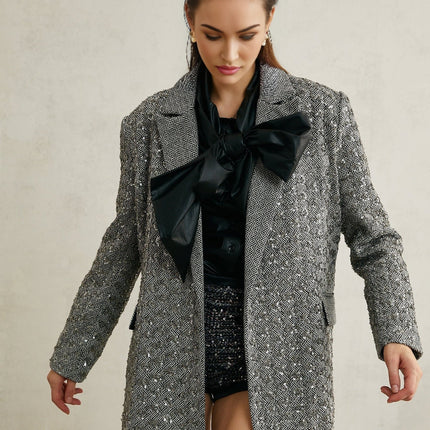 Silvana Grey Herringbone Wool Blazer with Crystal Embellishments