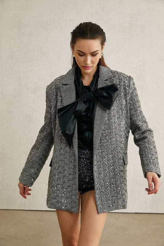 Silvana Grey Herringbone Wool Blazer with Crystal Embellishments