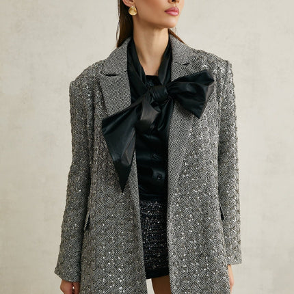 Silvana Grey Herringbone Wool Crystal Embellished Blazer