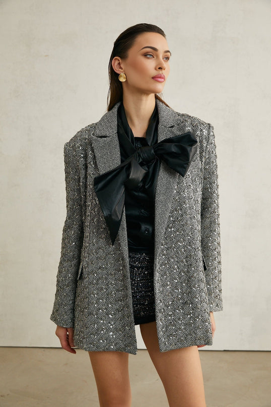 Silvana Grey Herringbone Wool Crystal Embellished Blazer