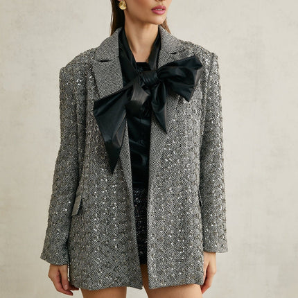 Silvana Grey Herringbone Wool Crystal Embellished Blazer