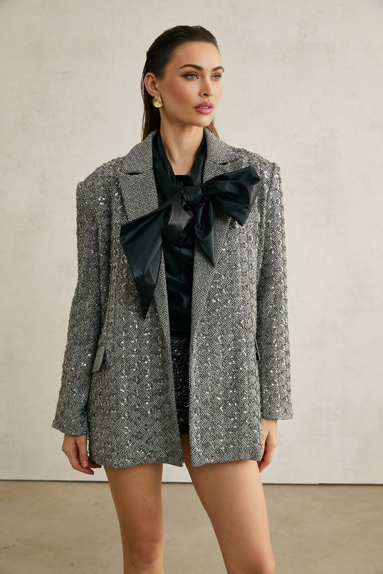Silvana Grey Herringbone Wool Crystal Embellished Blazer