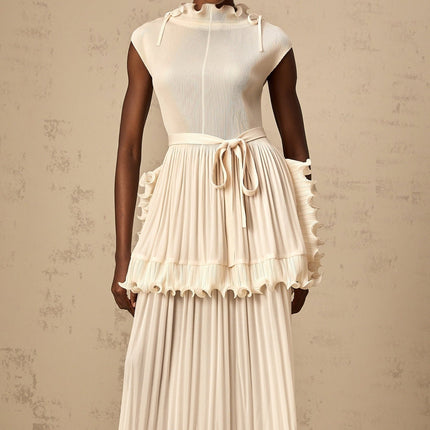 Silvana Maxi Dress in Off White with Ruffled Detailing and Pleats