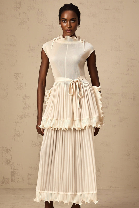 Silvana Maxi Dress in Off White with Ruffled Detailing and Pleats