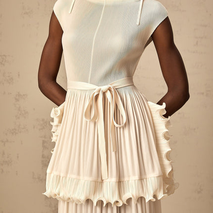 Silvana Maxi Dress Off White Sleeveless Ruffled Detailing Mock Neck Drawstring Layered Skirt Ankle-Length 100% Polyester Special Occasion