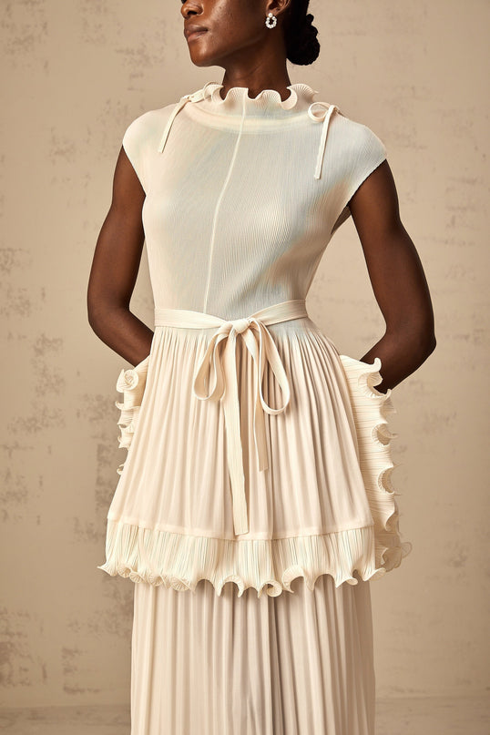 Silvana Maxi Dress Off White Sleeveless Ruffled Detailing Mock Neck Drawstring Layered Skirt Ankle-Length 100% Polyester Special Occasion