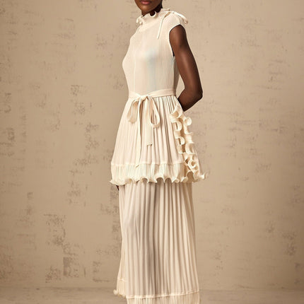 Silvana Maxi Dress Off White Sleeveless Ruffled Pleats Mock Neck Drawstring Layered Skirt Ankle-Length 100% Polyester Special Occasion Luxury Statement