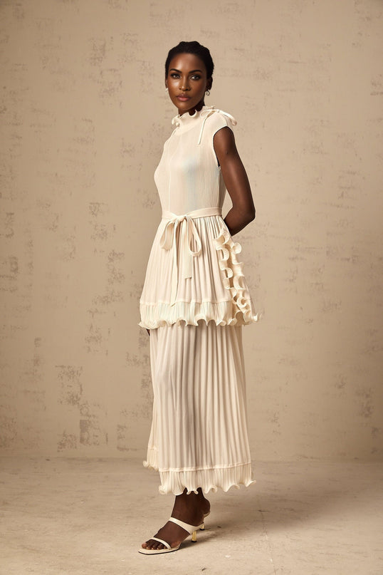 Silvana Maxi Dress Off White Sleeveless Ruffled Pleats Mock Neck Drawstring Layered Skirt Ankle-Length 100% Polyester Special Occasion Luxury Statement