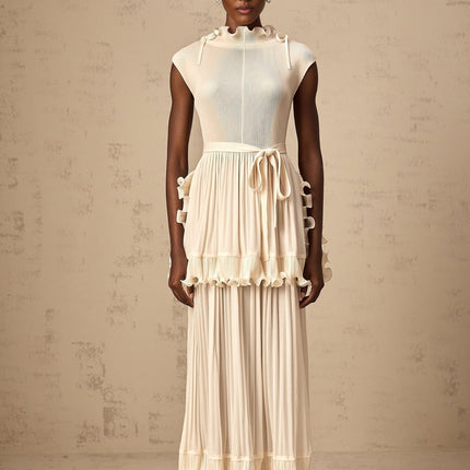 Silvana Maxi Dress Off White Sleeveless Ruffled Pleats Mock Neck Drawstring Layered Skirt Ankle-Length 100 Polyester Special Occasion Luxury Statement
