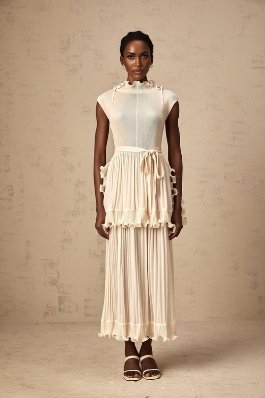 Silvana Maxi Dress Off White Sleeveless Ruffled Pleats Mock Neck Drawstring Layered Skirt Ankle-Length 100 Polyester Special Occasion Luxury Statement