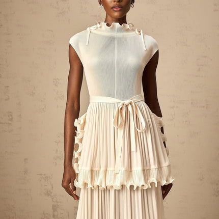 Silvana Maxi Dress Off White Ruffled Pleated Sleeveless Mock Neck Drawstring Detail Layered Skirt Ankle-Length 100% Polyester Special Occasion Luxury Statement