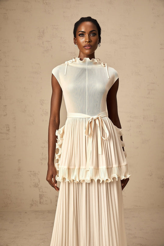 Silvana Maxi Dress Off White Ruffled Pleated Sleeveless Mock Neck Drawstring Detail Layered Skirt Ankle-Length 100% Polyester Special Occasion Luxury Statement