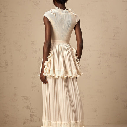 Silvana Maxi Dress Off White Elegant Sleeveless Ruffled Pleats Mock Neck Drawstring Layered Skirt Ankle-Length 100% Polyester Special Occasion Luxury Statement