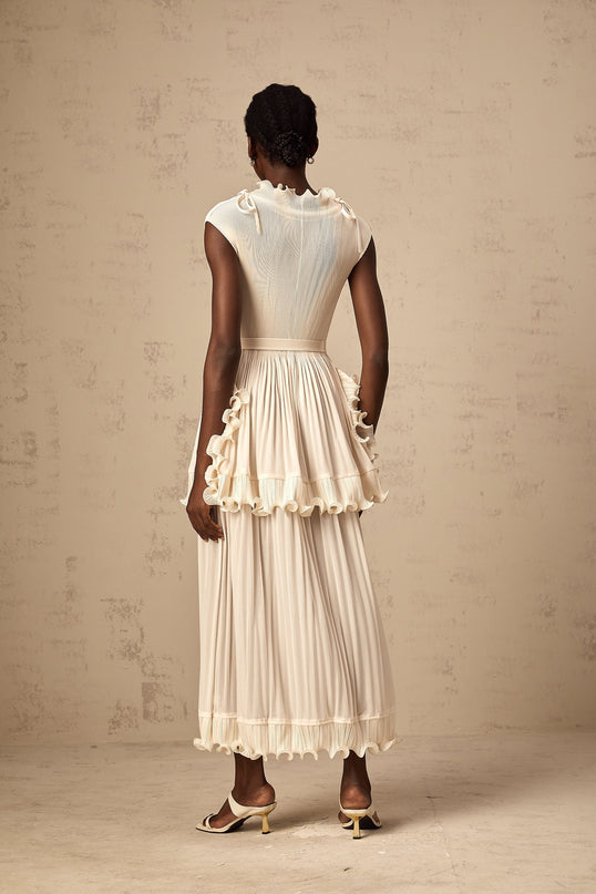 Silvana Maxi Dress Off White Elegant Sleeveless Ruffled Pleats Mock Neck Drawstring Layered Skirt Ankle-Length 100% Polyester Special Occasion Luxury Statement
