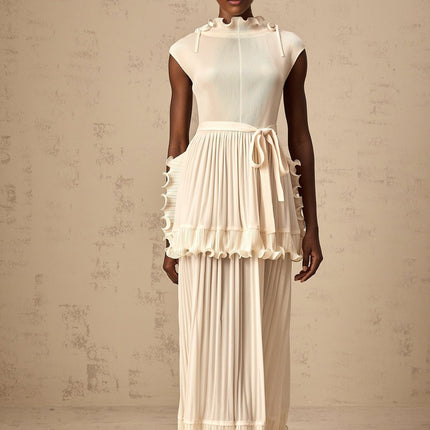 Silvana Maxi Dress Off White Elegant Sleeveless Ruffled Detailing Mock Neck Drawstring 100% Polyester Special Occasion Luxury