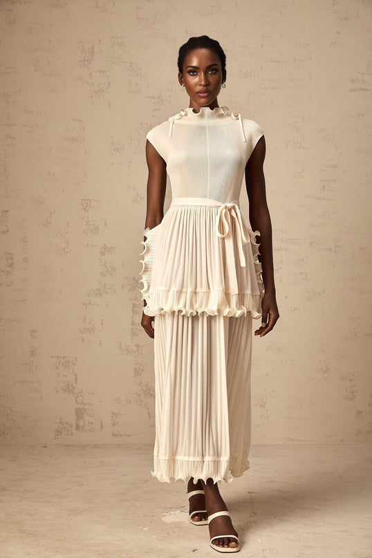 Silvana Maxi Dress Off White Elegant Sleeveless Ruffled Detailing Mock Neck Drawstring 100% Polyester Special Occasion Luxury