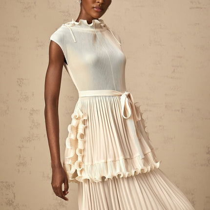 Silvana Off White Maxi Dress with Ruffled Detailing and Mock Neck