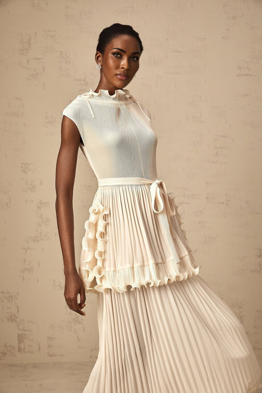 Silvana Off White Maxi Dress with Ruffled Detailing and Mock Neck