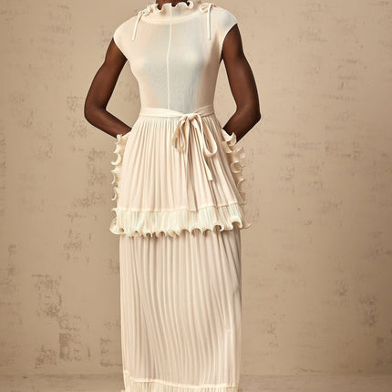 Silvana Off White Maxi Dress with Ruffled Detailing and Mock Neck