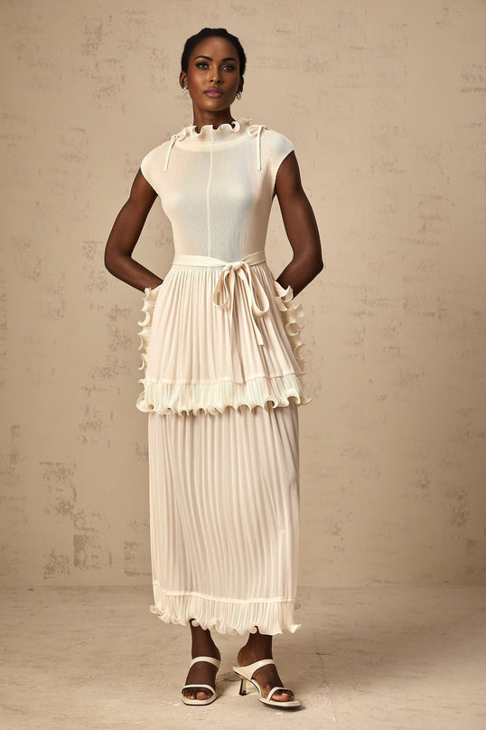 Silvana Off White Maxi Dress with Ruffled Detailing and Mock Neck
