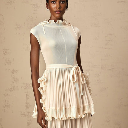 Silvana Off White Maxi Dress with Ruffled Detailing and Mock Neck Drawstring, 100% Polyester for Special Occasions