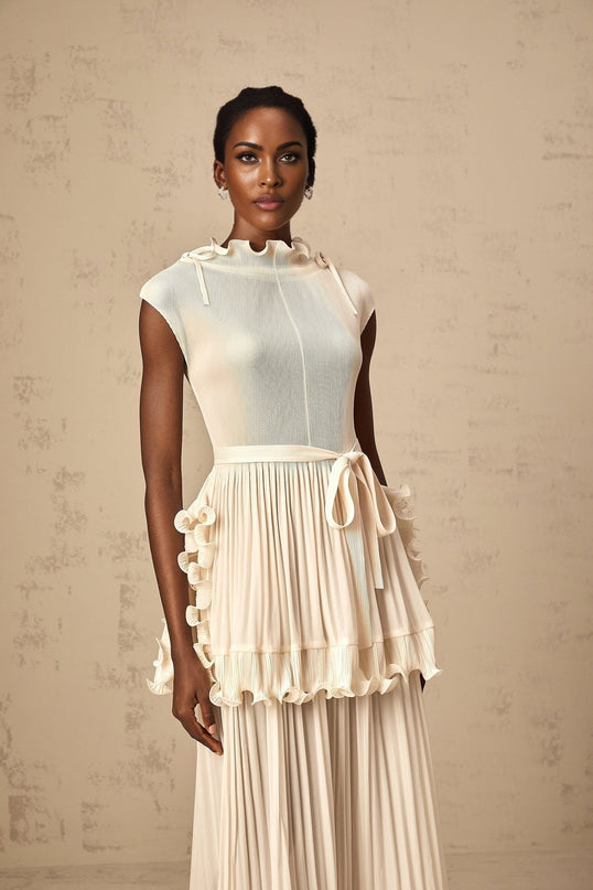 Silvana Off White Maxi Dress with Ruffled Detailing and Mock Neck Drawstring, 100% Polyester for Special Occasions