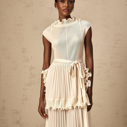 Silvana Off White Maxi Dress with Ruffled Detailing and Pleats