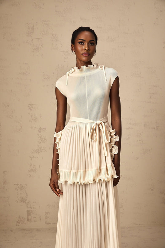 Silvana Off White Maxi Dress with Ruffled Detailing and Pleats