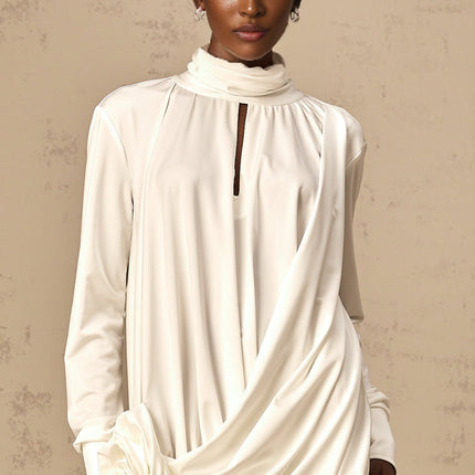 Silvana White Mini Dress Faux Flower Ruched Cut-Out Cotton Polyester Thigh-Length Mock Neck Long Sleeves Buttoned Cuffs Rear Button Fastening Fashion-Forward Luxury