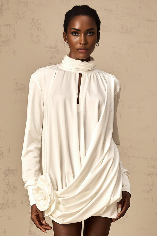 Silvana White Mini Dress Faux Flower Ruched Cut-Out Cotton Polyester Thigh-Length Mock Neck Long Sleeves Buttoned Cuffs Rear Button Fastening Fashion-Forward Luxury