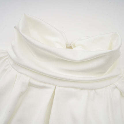 Silvana White Mini Dress Faux Flower Ruched Cut-Out Cotton Polyester Thigh-Length Mock Neck Long Sleeves Buttoned Cuffs Rear Button Fastening Sophisticated Occasion Modern Twist Classic Silhouette Fashion-Forward Luxury